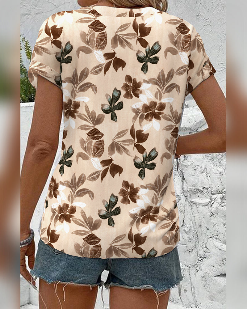 Stand Collar Short Sleeve Printed Blouse