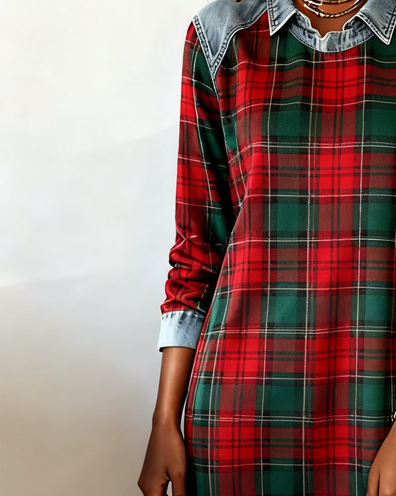 Denim Patchwork Plaid Dress