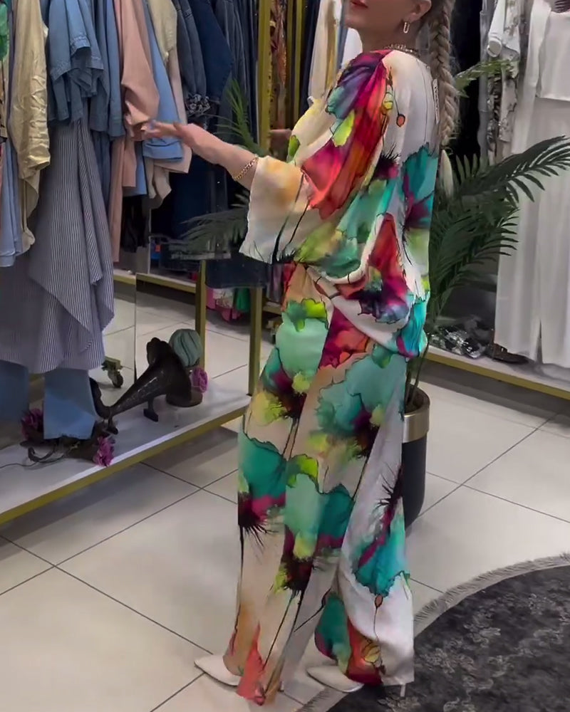 Lotus print one-shoulder three-quarter sleeve set