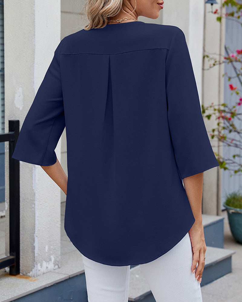 Half-Sleeved Ruffled Solid Color Casual Blouse