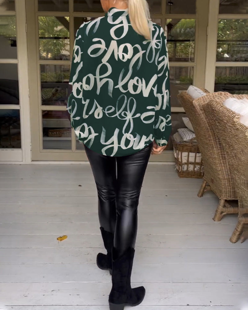 Printed v-neck long-sleeved blouse