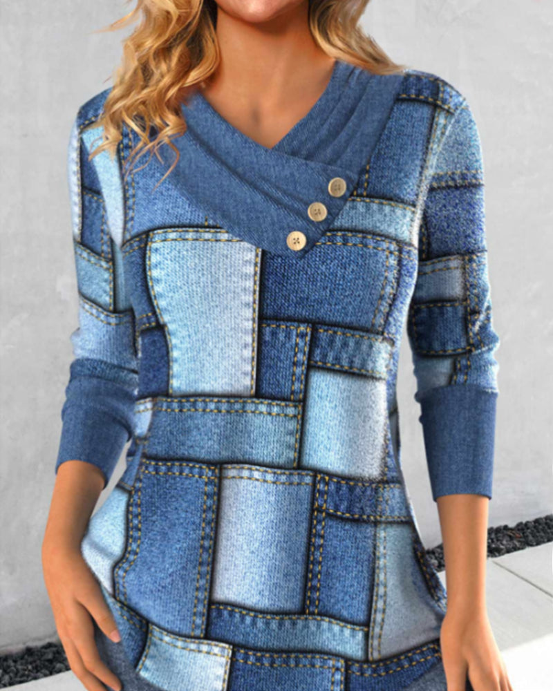 Slant Collar Blue Plaid Blouses