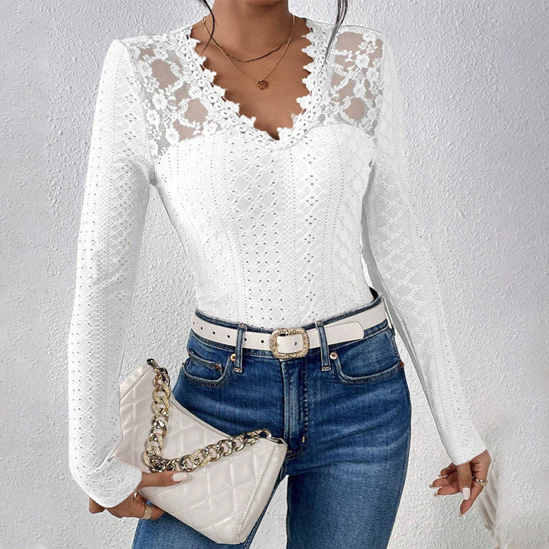 V-Neck Lace Panel Long-Sleeved Top