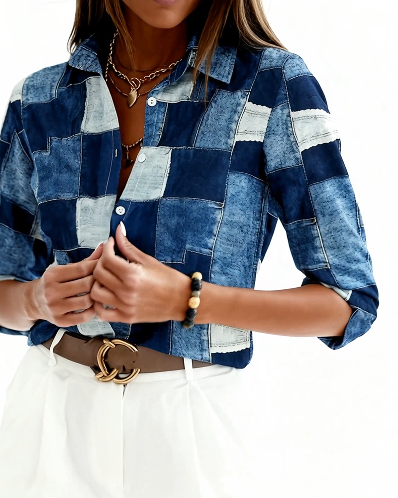 Checkered Print Color-Blocking Shirt