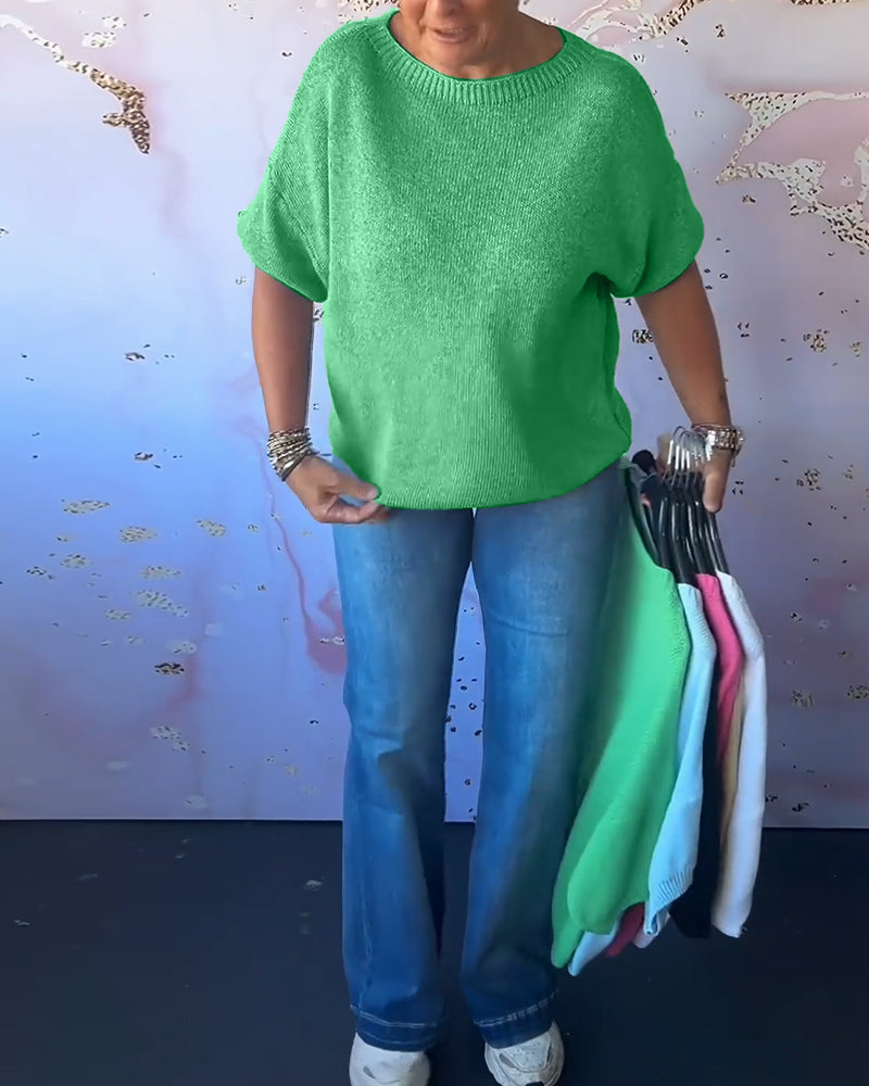 Casual loose solid color round neck pullover