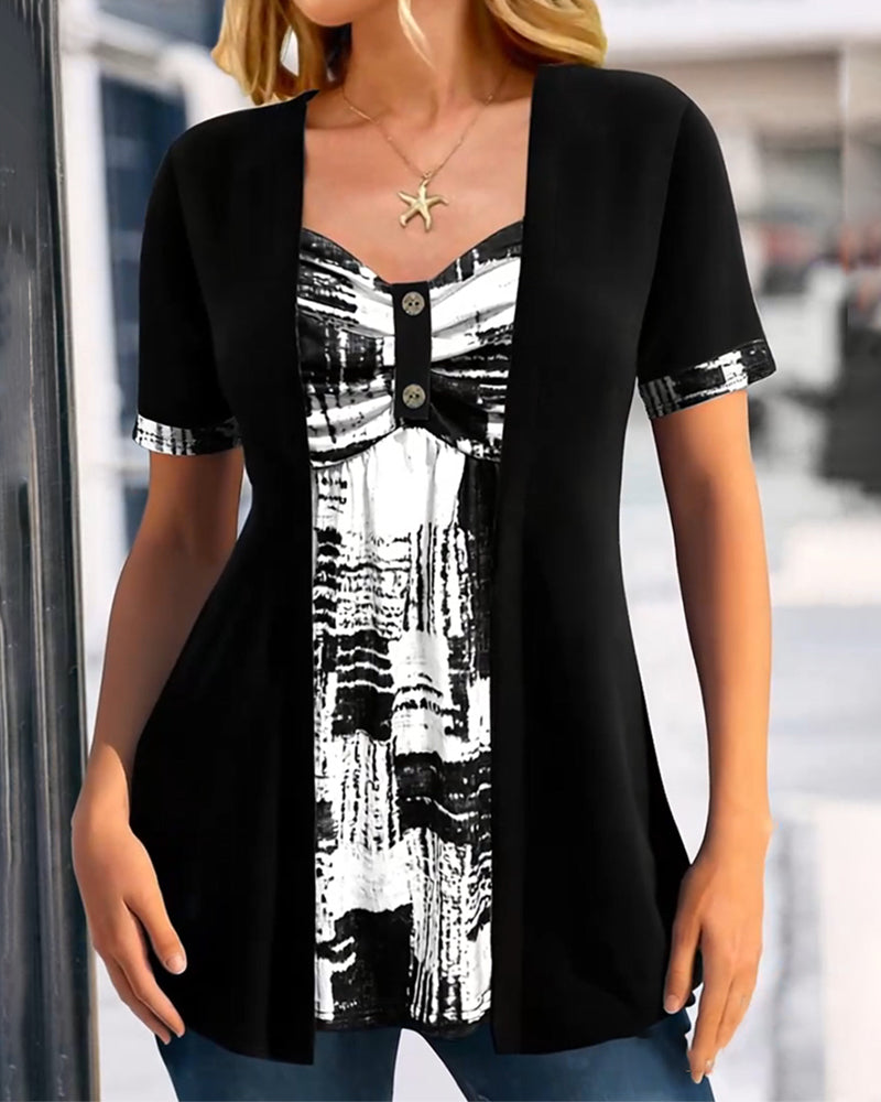 Printed Fake Two Piece Irregular Blouse