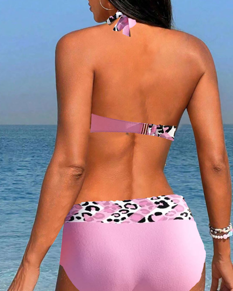 Halterneck leopard patchwork print bikini