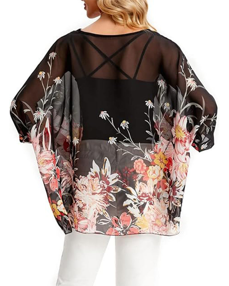 Three-Quarter Sleeve Loose Printed Irregular Blouse