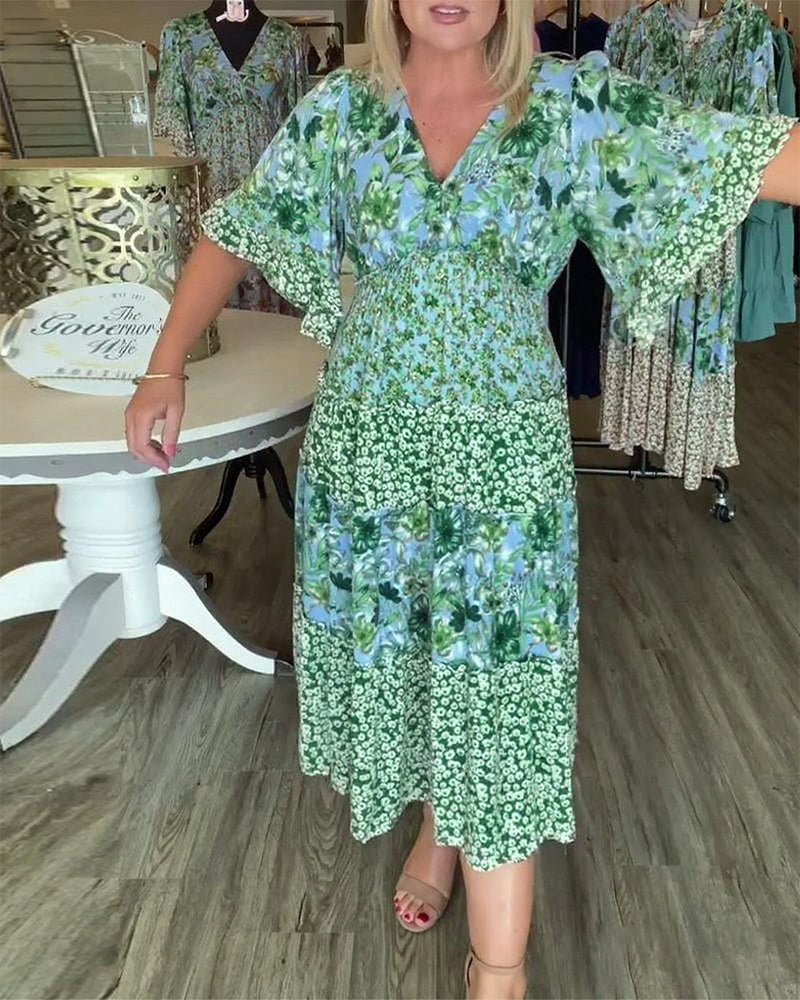 V-Neck Lotus Sleeve Floral Dress
