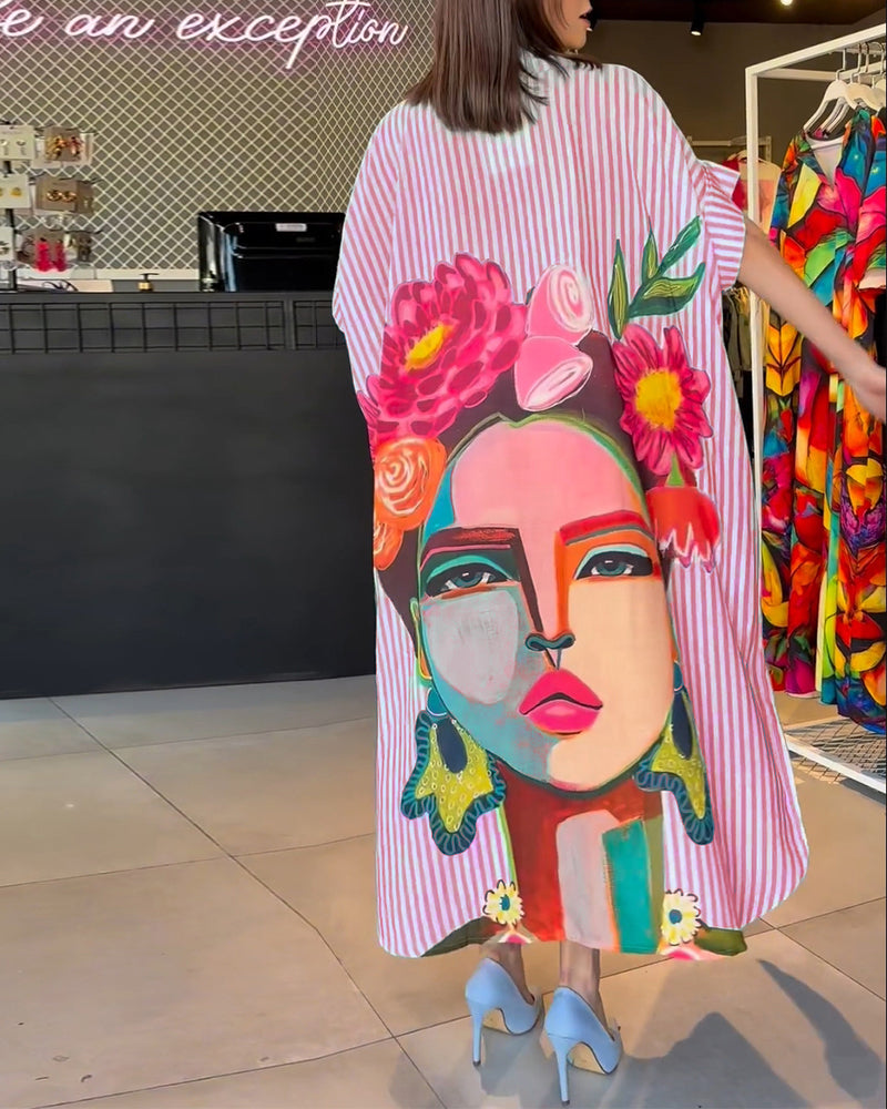 Vertical striped character print lapel slit blouse