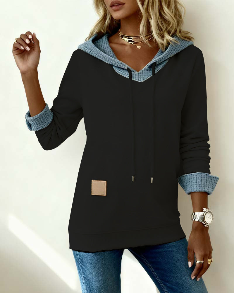 Casual Hooded Waffle-Paneled Sweatshirt