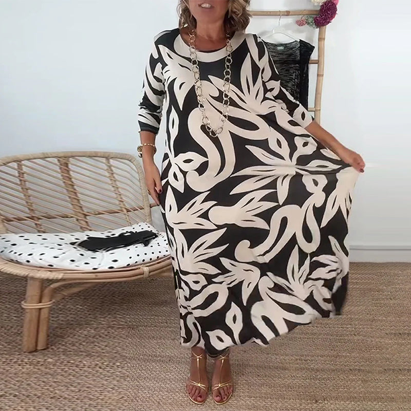 Round Neck Long Sleeve Printed Dress