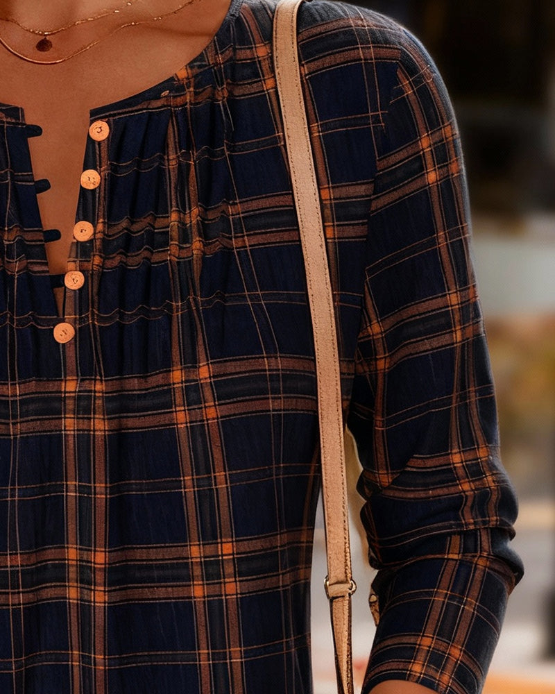 Buttoned Plaid Casual Top