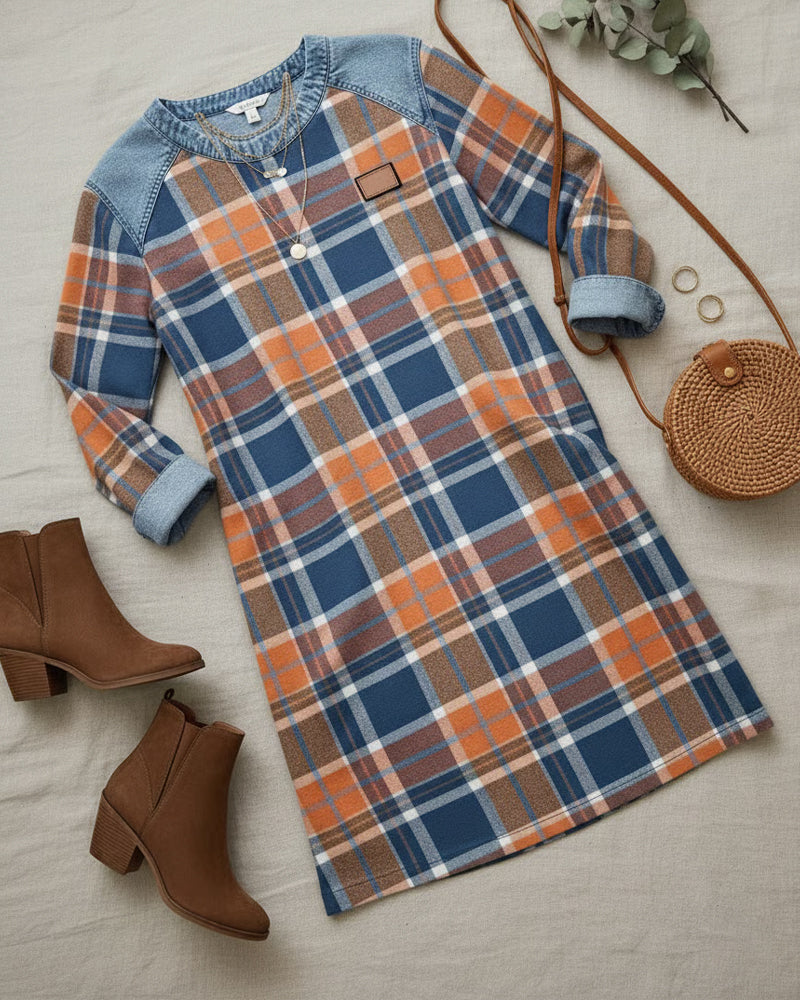 Plaid Patchwork Denim Dress