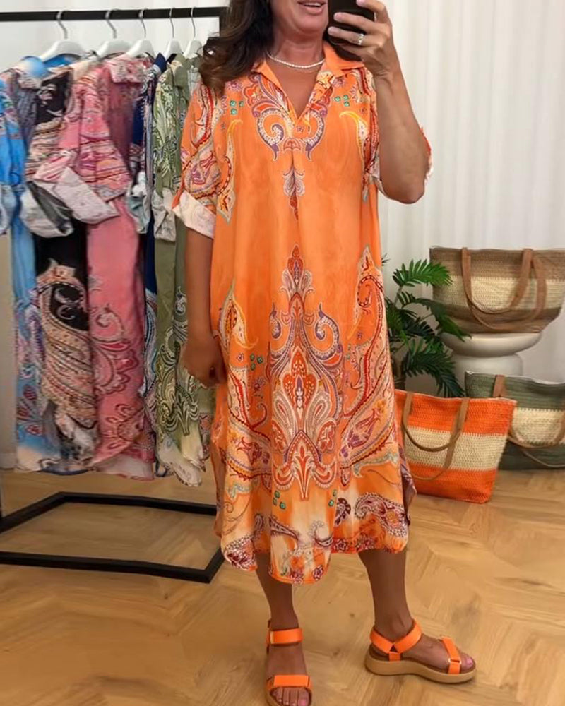 Retro Lapel Print Dress