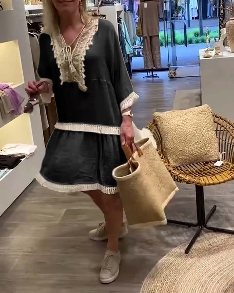 Lace V-neck fringe casual dress