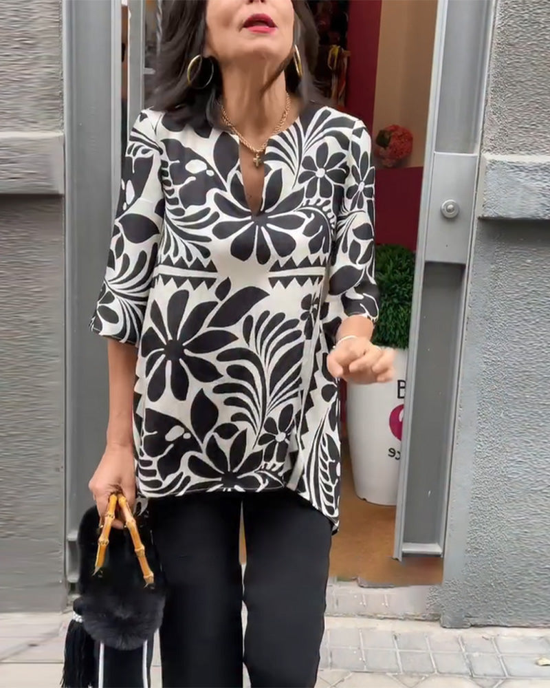 Vintage Half Sleeve Printed Blouse