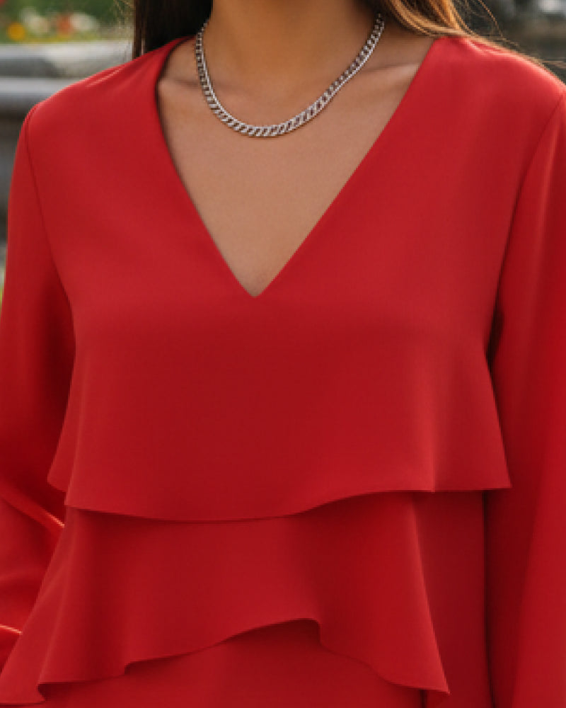 Double-Layered V-Neck Cake Blouse