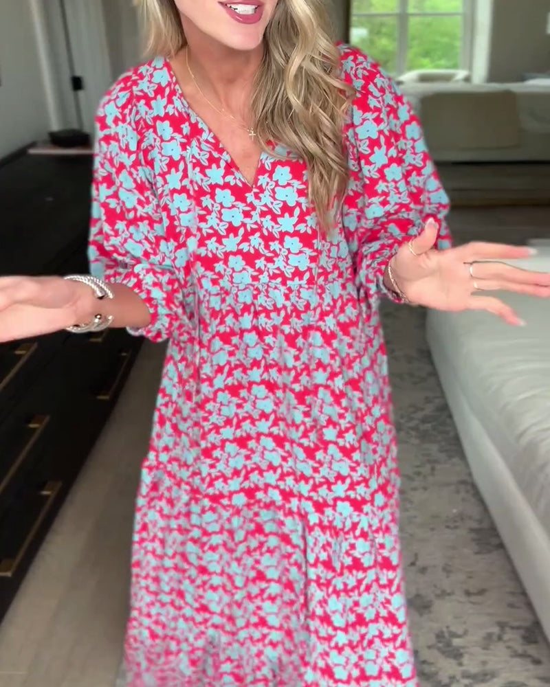 V-neck lantern sleeve floral long dress