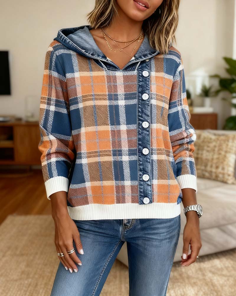 Casual Denim Plaid Patchwork Hooded