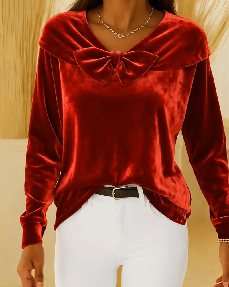 Solid Color Bow V-Neck Top