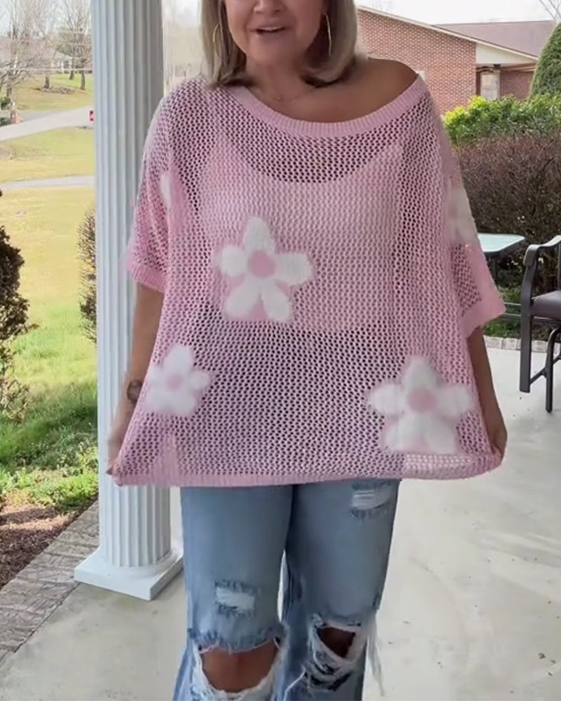 Round Neck Large Flower Hollow Sweater