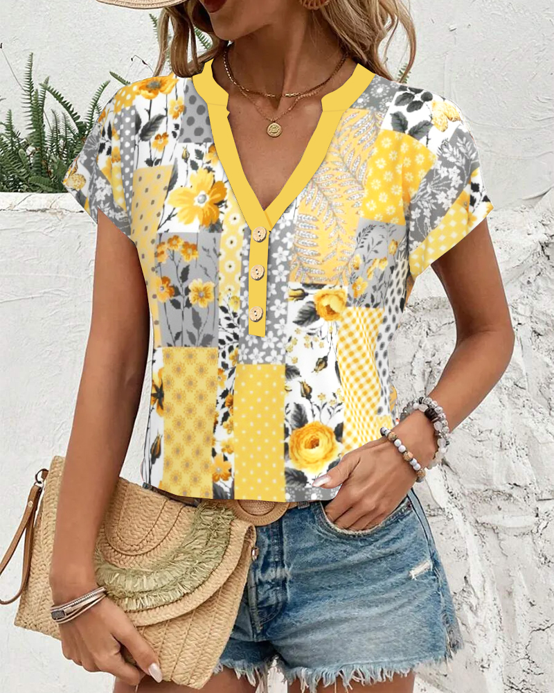 V-Neck Short-Sleeved Floral Print Blouse