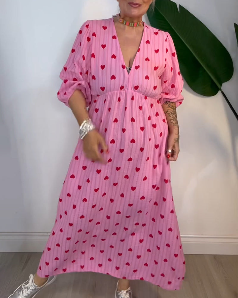 Elegant V-Neck Heart Print Dress
