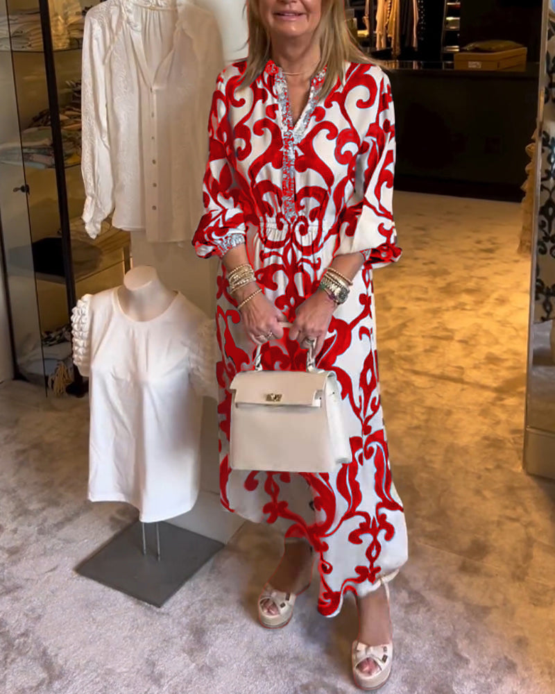 V-Neck Printed Loose Dress