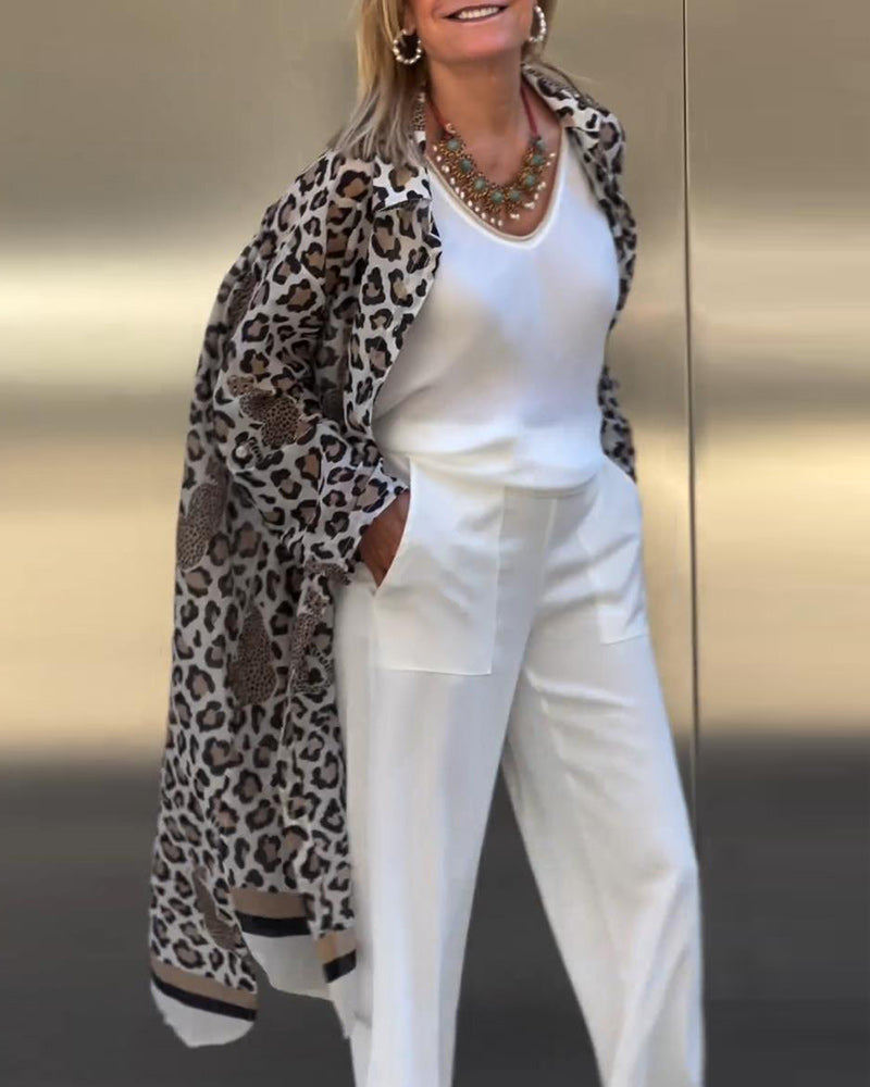 Leopard print lapel casual long coat