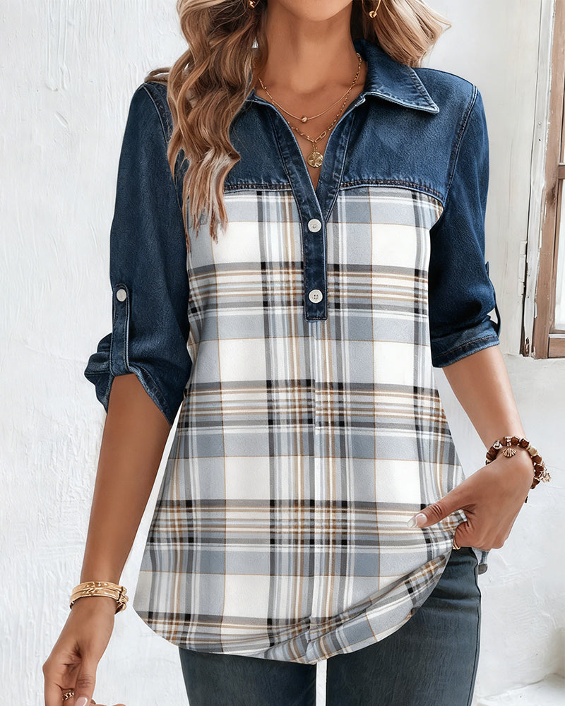 Denim Plaid Patchwork Shirt