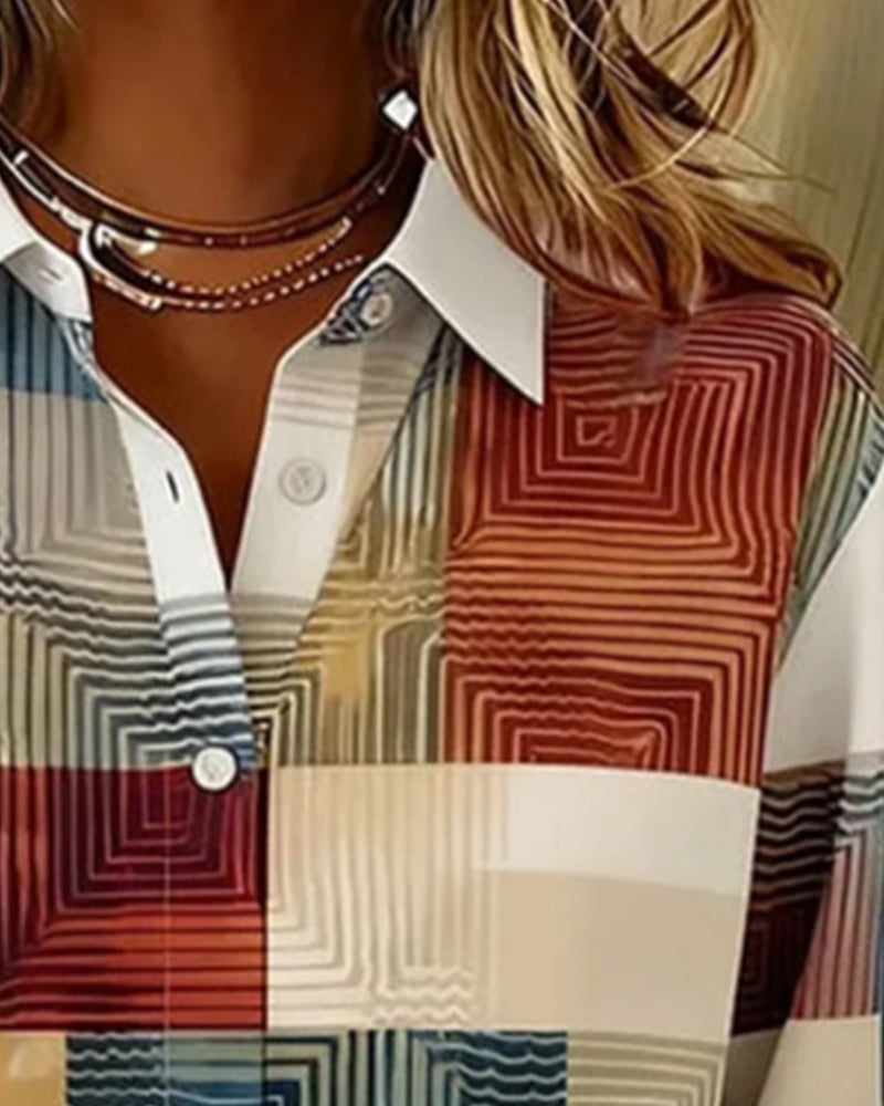 Lapel Button-Down Checkered Shirt