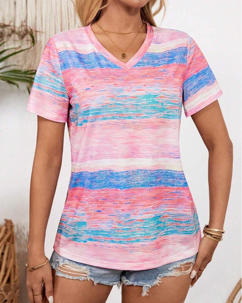 V-Neck Colorful Striped Versatile T-Shirt