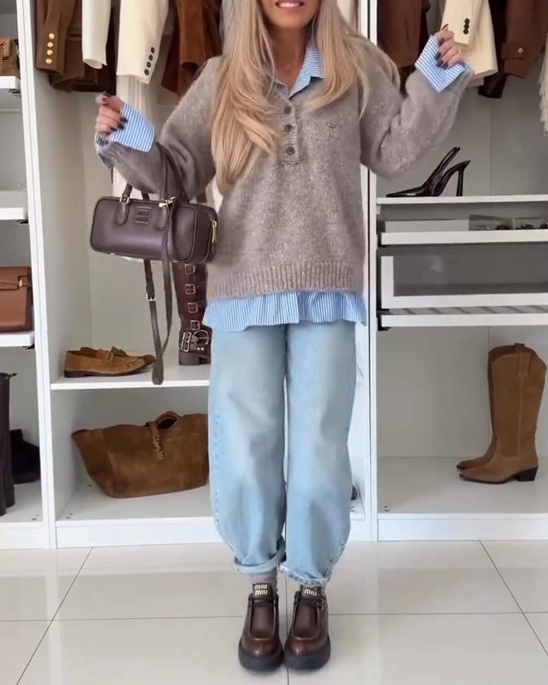 Long-Sleeved Button-Down Collar Jumper