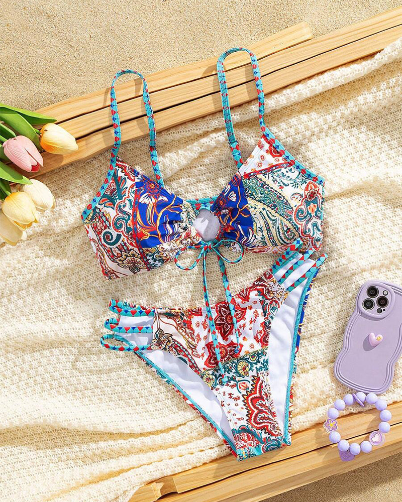 Printed Lace-Up Sexy Triangle Bikini