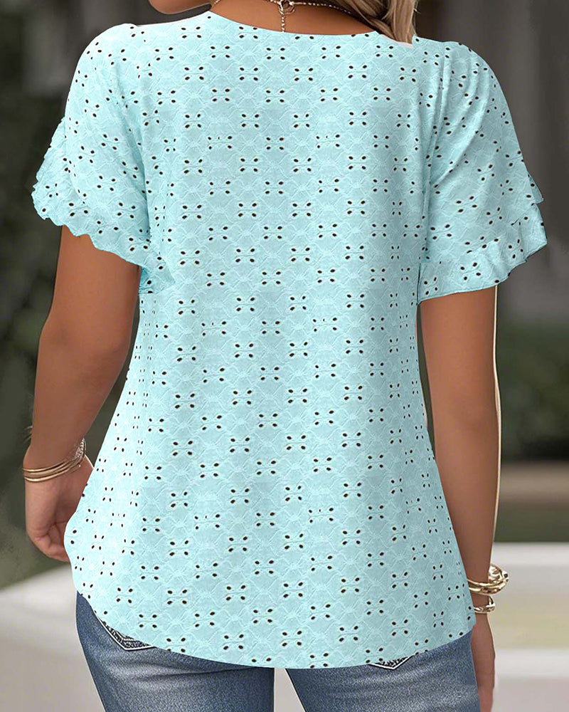 Ruffled Short Sleeve Hollow T-Shirt
