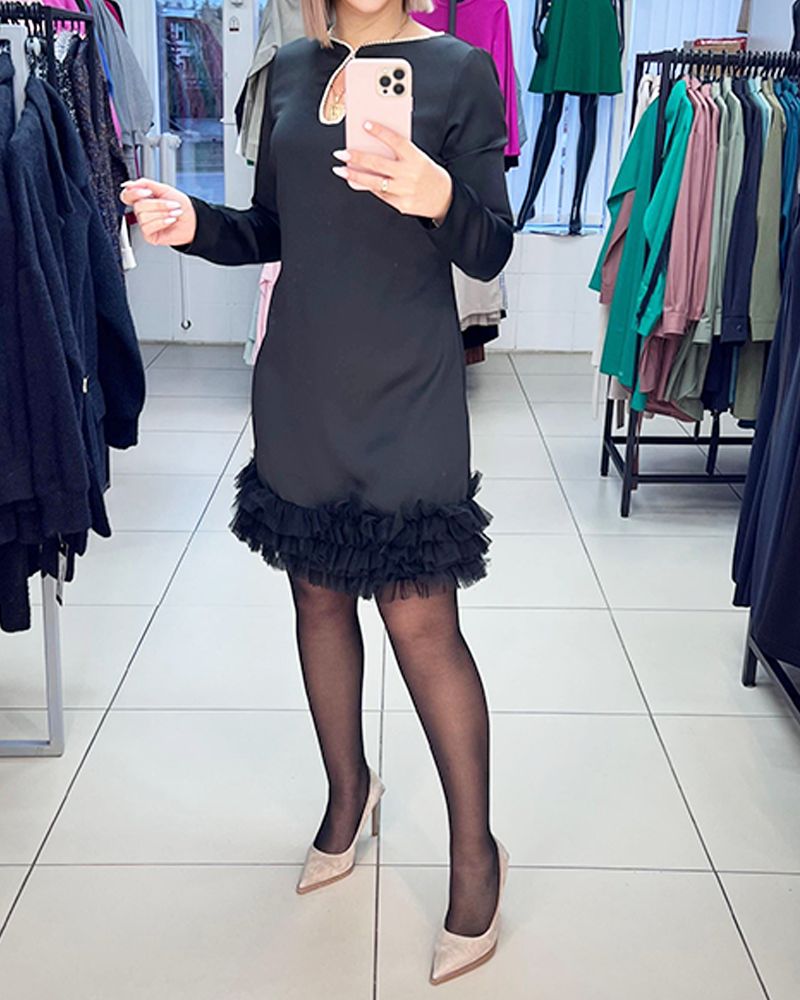 Pearl Neck Dress with Fur Hemline