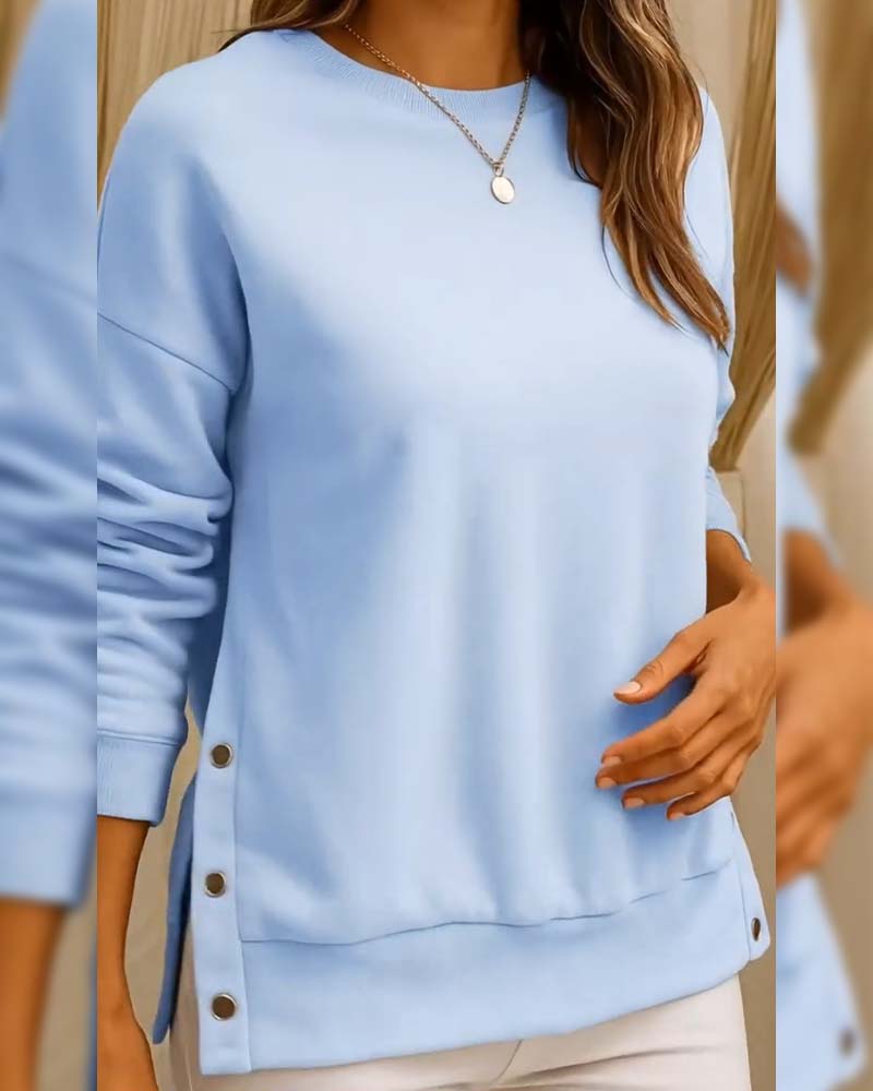 Crew Neck Sweatshirt With Button-Down Hem