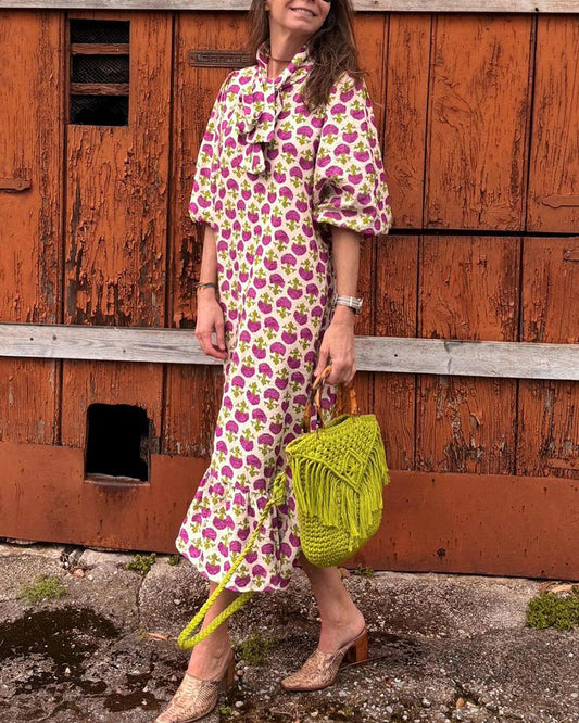 Puff sleeve printed elegant dress