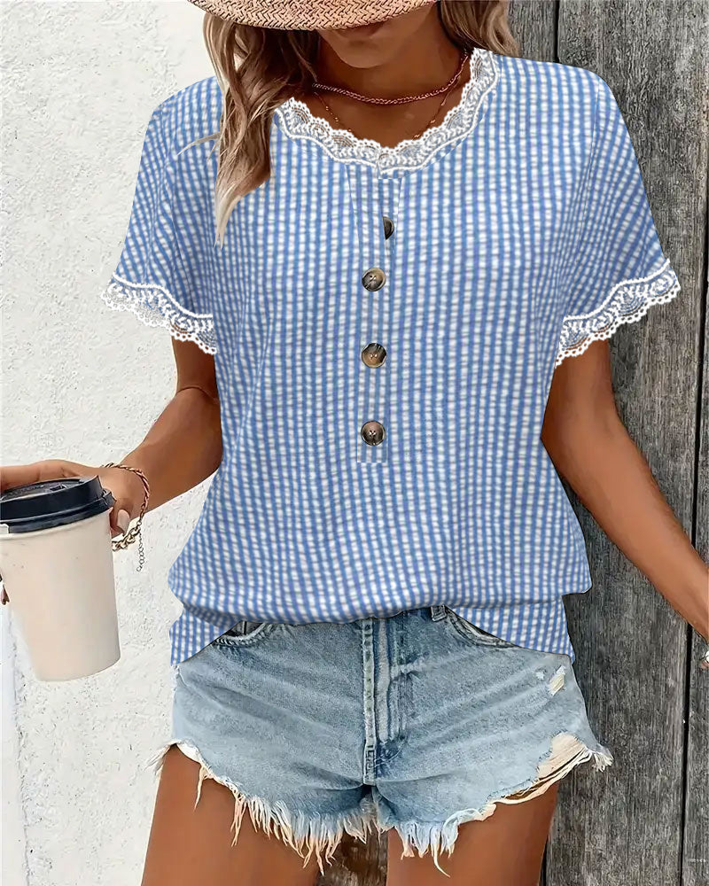 Round Neck Lace Patchwork Striped Blouse