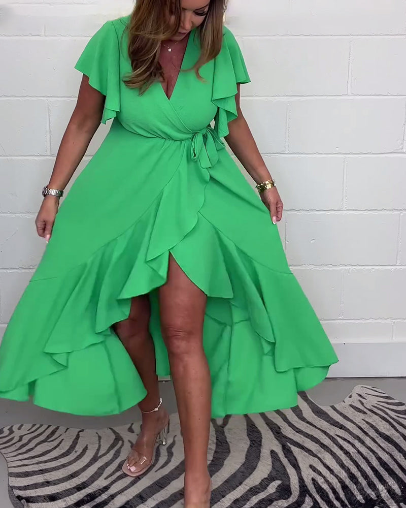 Ruffled solid color slit elegant dress