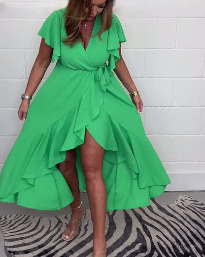 Ruffled solid color slit elegant dress