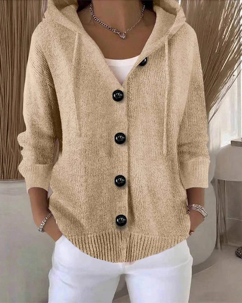 Solid Color Hooded Single-Breasted Cardigan