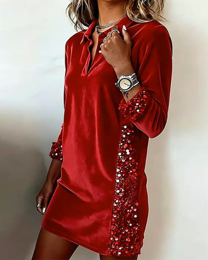Lapel Velvet Sequin Shift Dress