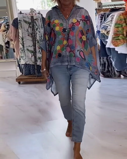 Fake Denim Irregular Print Blouse