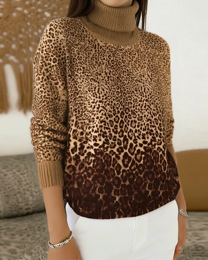 Leopard Print Casual High-Neck Pullover
