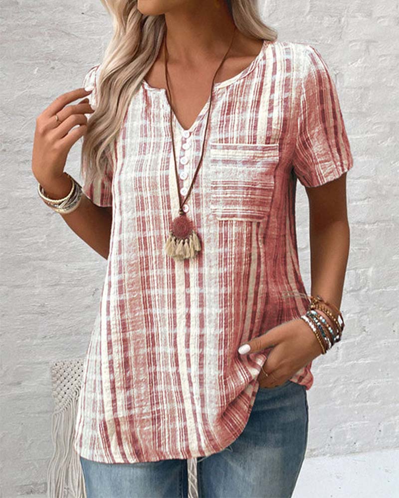 Casual V Neck Striped Plaid T-Shirt