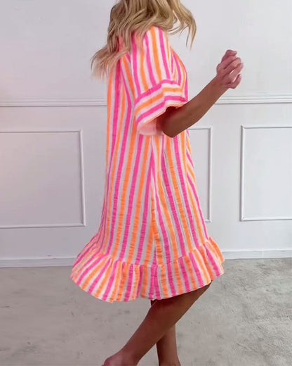 Round Neck Striped Pleated Shift Dress