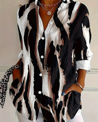 Stand Collar Irregular Printed Blouse