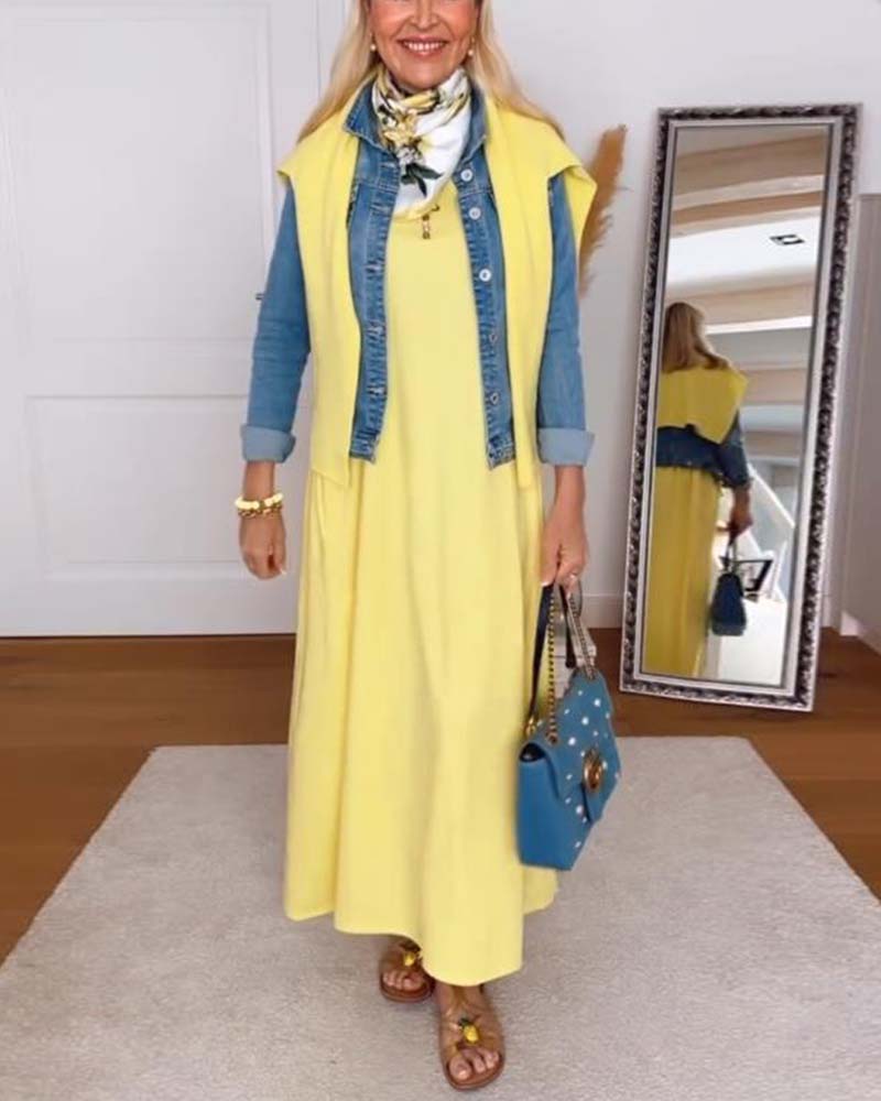 Casual Round Neck Solid Color Straight Dress